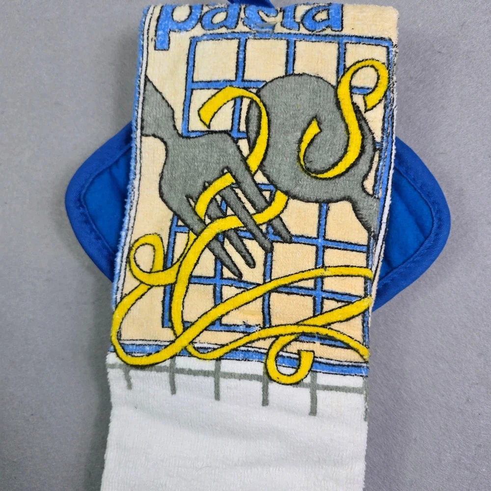 Vintage Jay Franco Kitchen Set 3pc Blue Pasta Velour Towel Dish Cloth Pot Holder